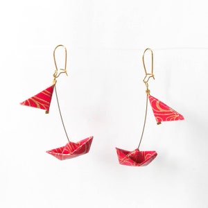 Origami boat earrings, red and gold boats, origami sailboats, paper jewelry, gift for her
