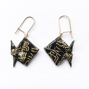 Black and gold fish origami earrings, paper jewelry, handmade French