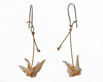 Earrings yellow and white cranes origami earrings Japanese saki, unusual jewelry tag