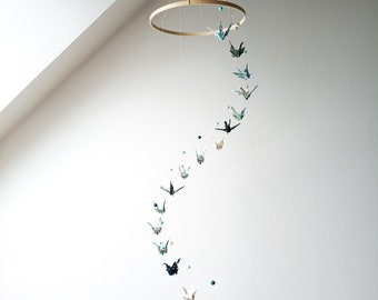 Large origami crane mobile in blue, turquoise, green, duck blue, white and gold, baby mobile, birth gift, wedding baptism decoration