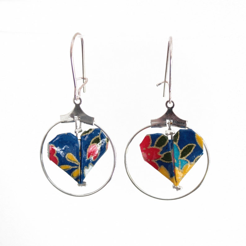 Hearts origami navy and multicolored creole earrings engagement gift Japanese jewelry paper earrings Valentine/'s day gift for woman