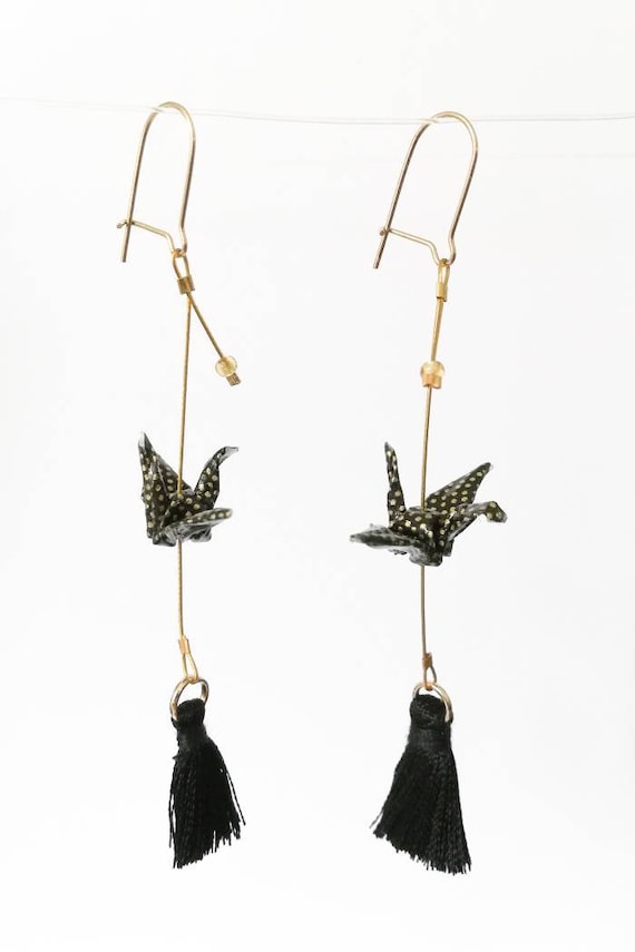 Origami Earbuds Crane Pendant Black With Golden Polka Dots Etsy