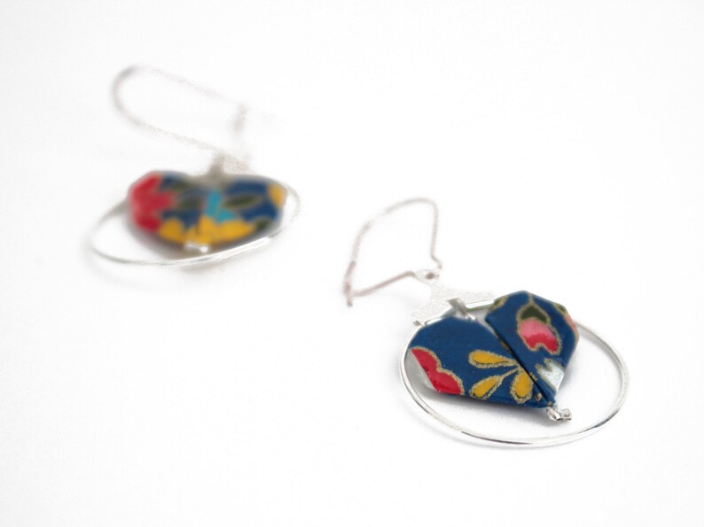 Hearts origami navy and multicolored creole earrings engagement gift Japanese jewelry paper earrings Valentine/'s day gift for woman