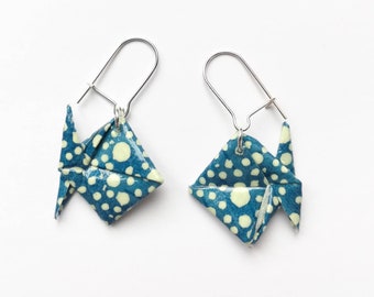 Blue and white fish origami earrings, paper jewelry, handmade French