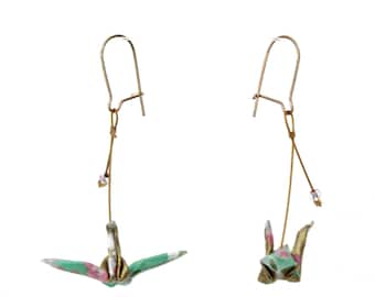 Earrings Mint green and pink cranes origami earrings Japanese paper with traditional designs, gift for woman