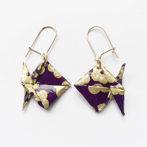 Purple and gold fish origami earrings, paper jewelry, handmade French
