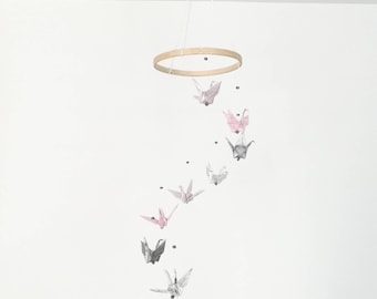 Mobile Origami Cranes silver and powder pink, mobile baby girl