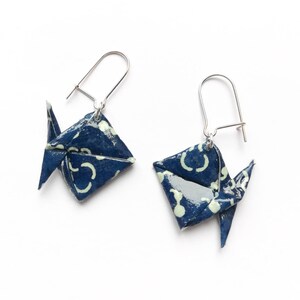 Blue and white fish origami earrings, paper jewelry, handmade French