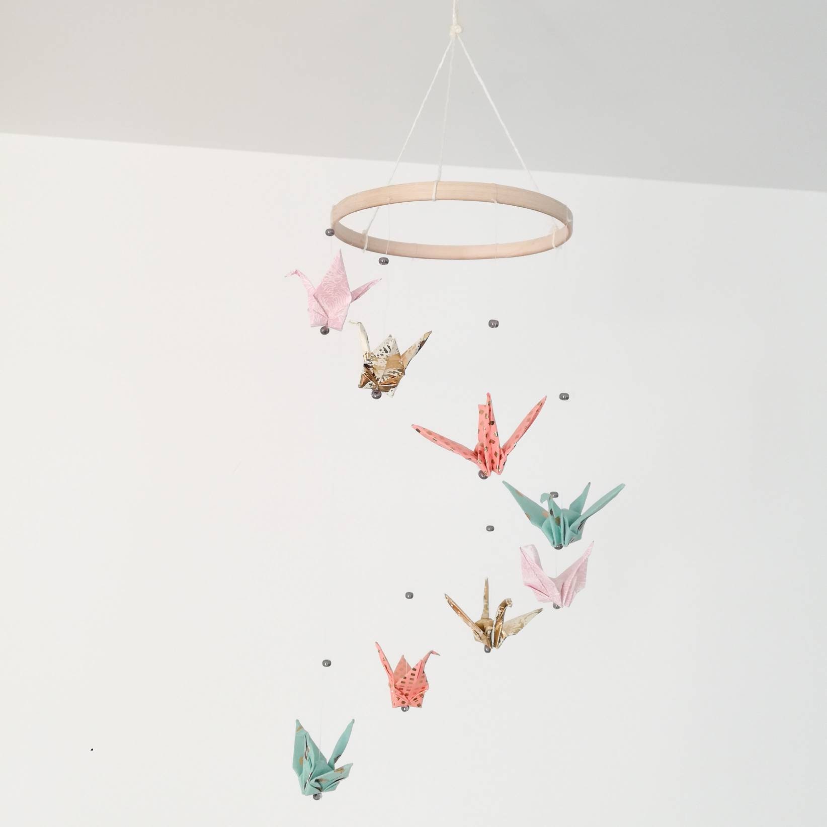 Mobile Origami Grues Pastel, Rose, Doré, Saumon, Turquoise, Mobile Bébé Mixte
