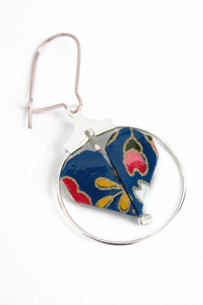 Hearts origami navy and multicolored creole earrings engagement gift Japanese jewelry paper earrings Valentine/'s day gift for woman