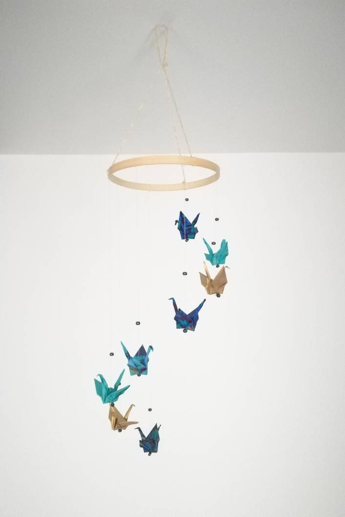 Mobile Origami Bleu Or Turquoise , Décoration Chambre de Bébé Garçon Mobile Mixte, Cadeau Naissance,
