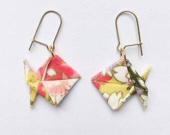 Yellow and multicolored fish origami earrings, paper jewelry, handmade French