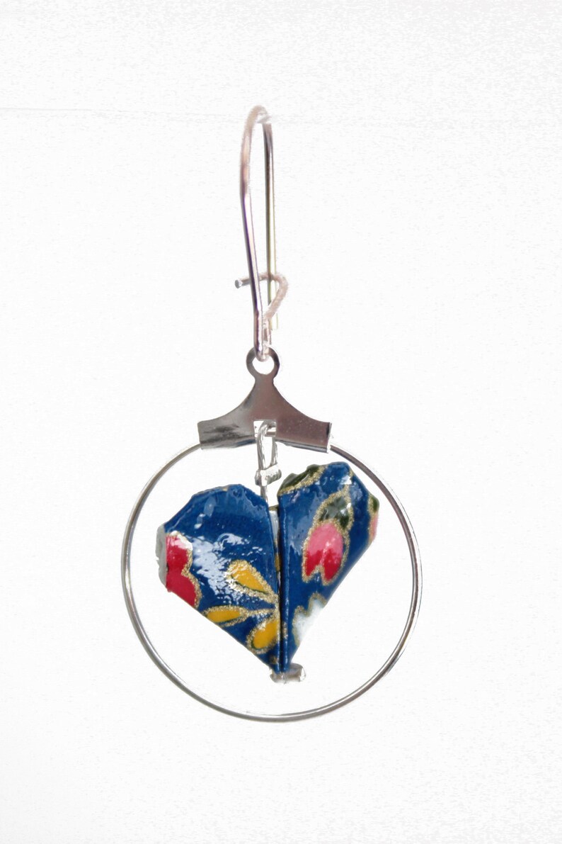 Hearts origami navy and multicolored creole earrings engagement gift Japanese jewelry paper earrings Valentine/'s day gift for woman