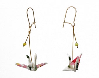 Multicolored patterned white cranes origami earrings