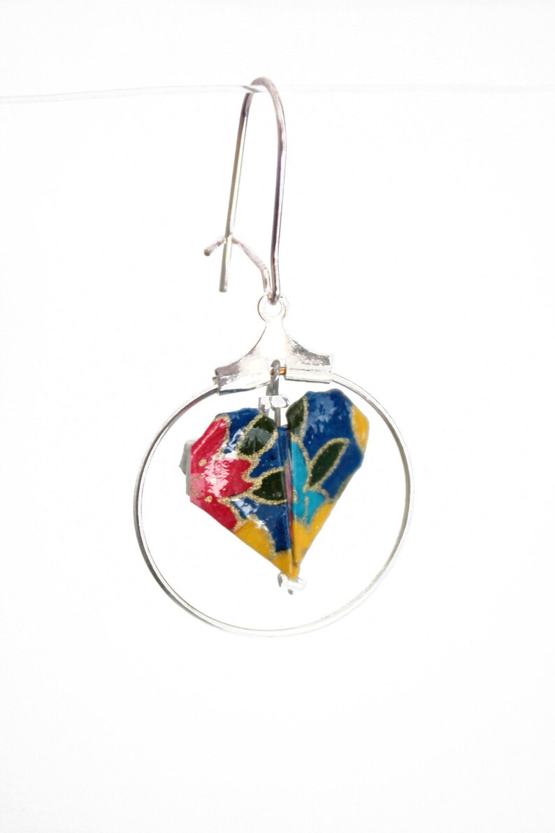 Hearts origami navy and multicolored creole earrings engagement gift Japanese jewelry paper earrings Valentine/'s day gift for woman