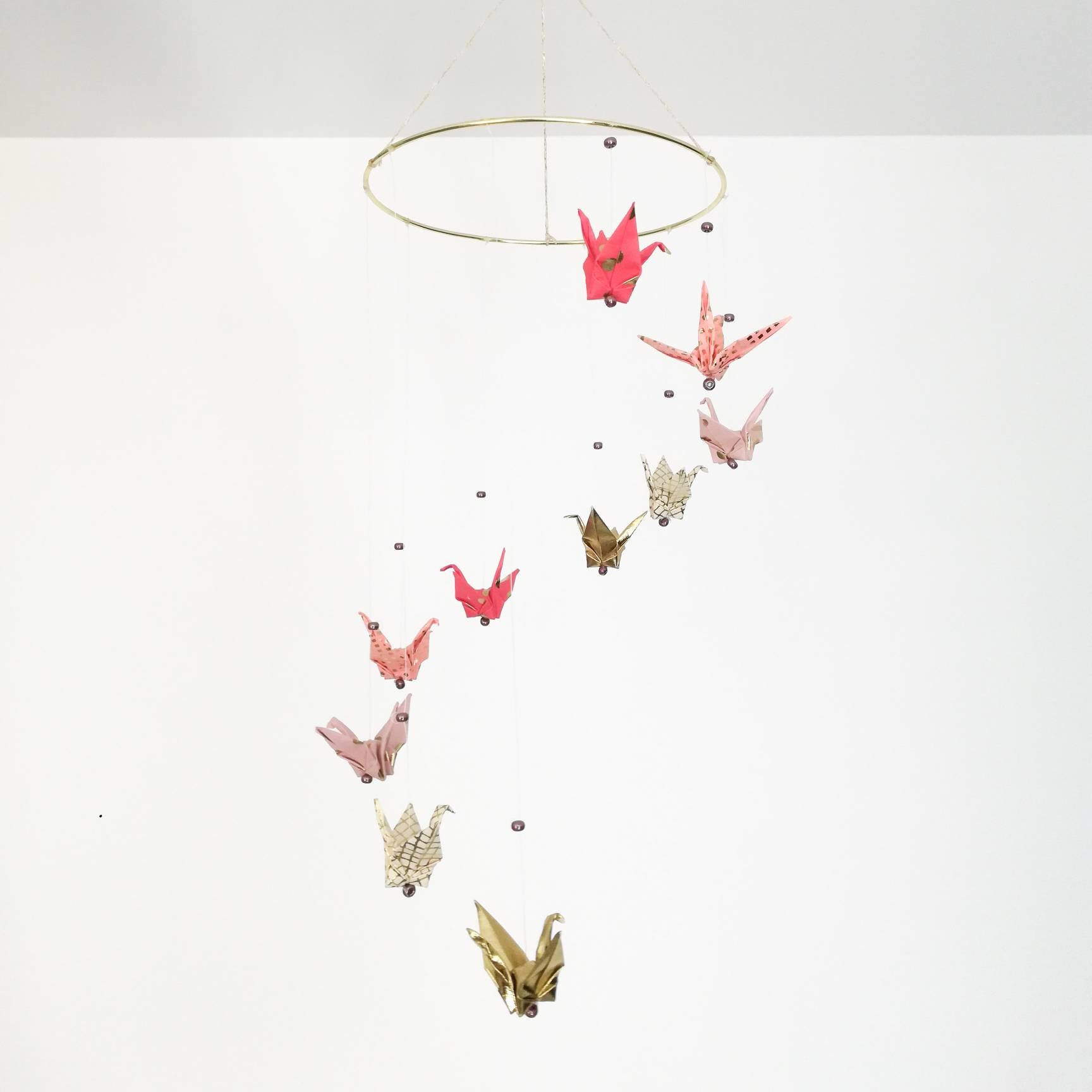 Mobile Origami Grues Rose, Corail Écru et Doré, Mobile Bébé Mixte, Cérémonie