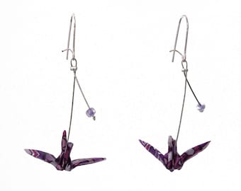 Origami earrings purple cranes origami earrings Japanese graphics