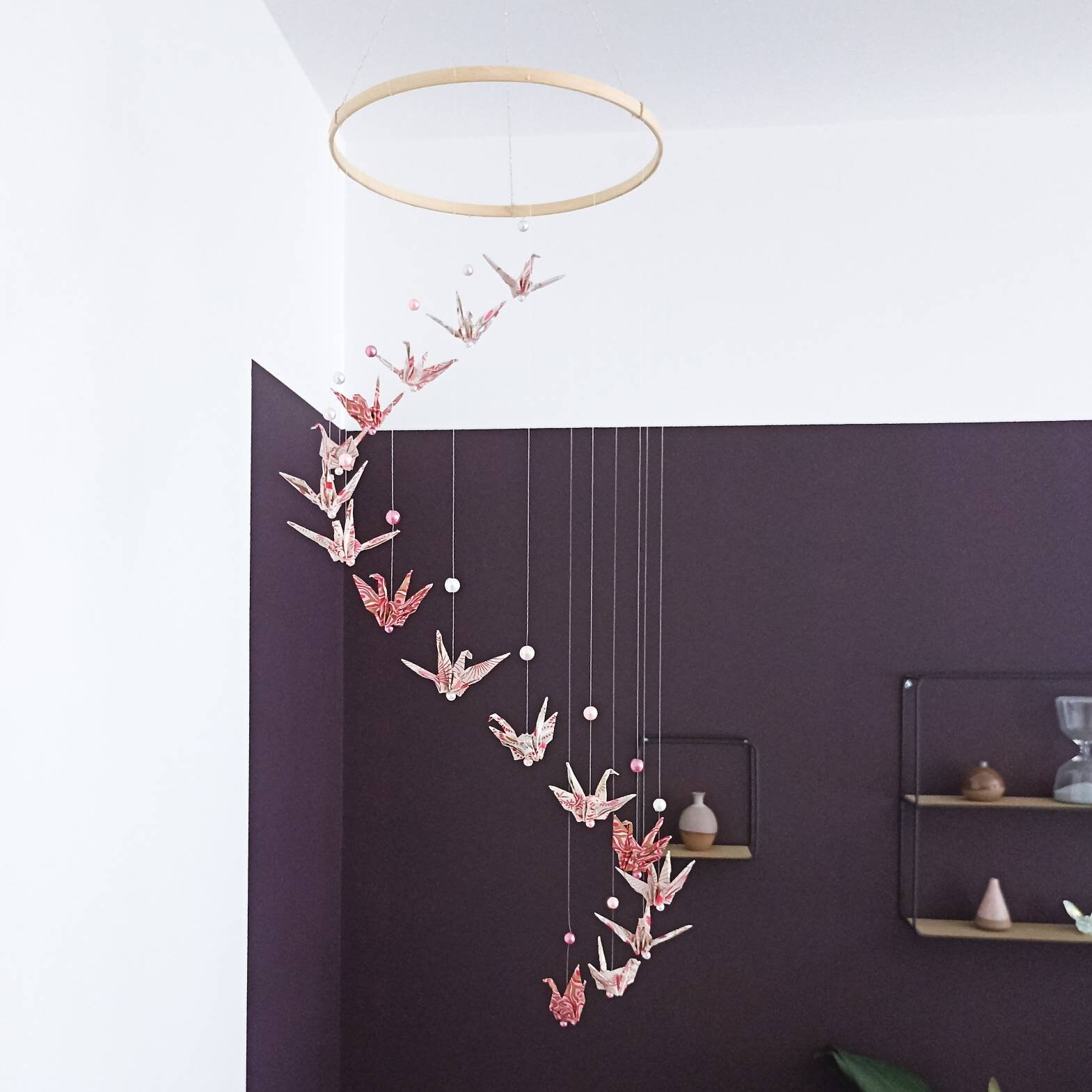 Grand Mobile Grues Origami Rose et Or, Bébé, Cadeau de Naissance, Décoration Baptême Mariage