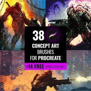 Puede incluir: Una ilustración digital de 38 pinceles de arte conceptual para Procreate, con un fondo rosa y morado y un texto superpuesto que dice "38 Concept Art Brushes for Procreate + 14 Free Bonus Brushes".