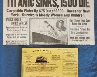 Reimpresión del periódico RMS Titanic sobre el histórico hundimiento de un barco de 1912 (¡Gran regalo!) BOSTON GLOBE Vintage Repro + Billete de 3ª Clase Pass por CoolSong4u2c