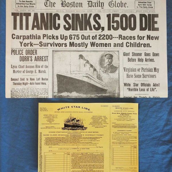 RMS Titanic Newspaper Reprint on Historic 1912 Ship Sinking (Great Gift!) BOSTON GLOBE Vintage Repro + 3rd Class Pass Ticket by CoolSong4u2c