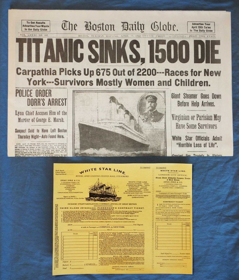 RMS Titanic Newspaper Reprint on Historic 1912 Ship Sinking image 1