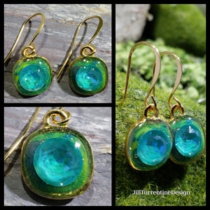 Square Gold Crystal Earrings / Austrian crystal / gold Blue