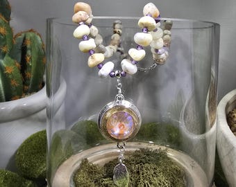 Purple Flower Opal Pendant Necklace  / gemstone  / Austrian Crystal / sterling silver