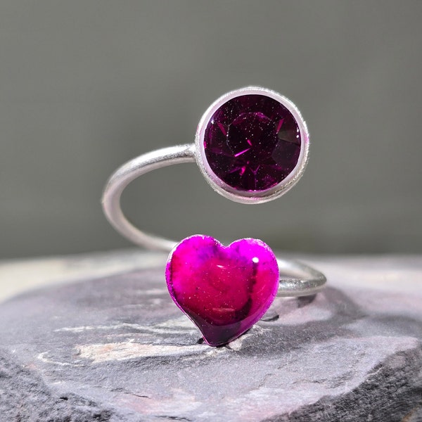 Fuchsia Heart Wrap Ring / adjustable / austrian crystal