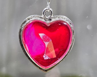 Melting Heart Pendant Necklace  / textured metal / pink / red