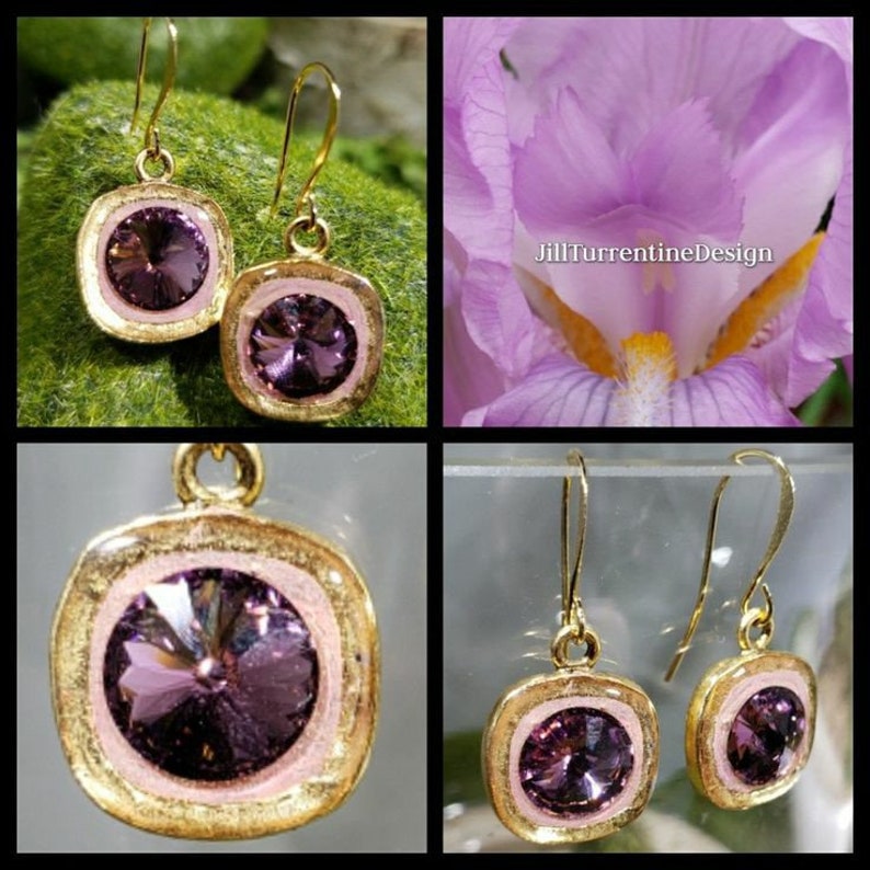 Square Gold Crystal Earrings / Austrian crystal / gold Purple