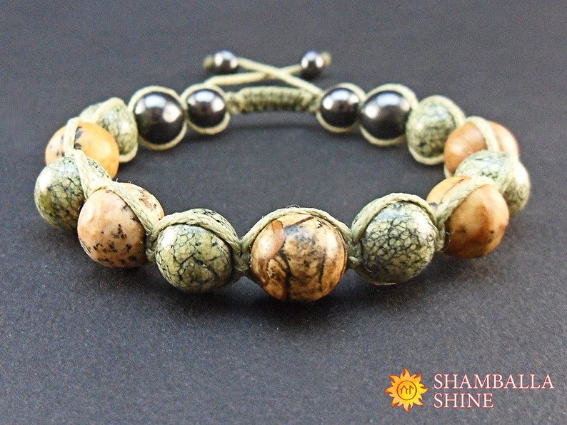 Healing crystals Green bracelet Unisex bracelet Picture jasper Serpentine beads Protection amulet Shamballa bracelet Friendship bracelet