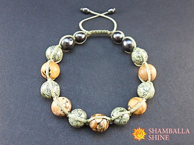 Healing crystals Green bracelet Unisex bracelet Picture jasper Serpentine beads Protection amulet Shamballa bracelet Friendship bracelet