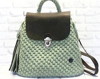 Handmade Backpack Purse: Crochet Boho Bag with Leather Flap