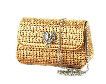 Gold clutch evening bag, Small raffia bag, Straw clutch purse bride, Formal clutch