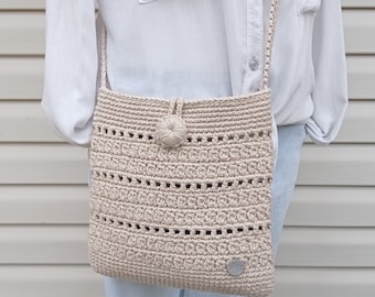 Crochet cotton bag, Small boho crossbody bag, Beige shoulder bag, Handmade knit bag for women