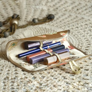 Silk roll up makeup bag, Small cosmetic bag for purse, Fabric lipstick holder, Chinese pouch