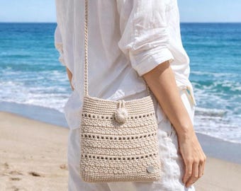 Beige Crochet Crossbody Bag: Small Boho Shoulder Purse for Women