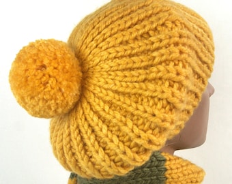 Knit Beret Hat with Pompom: Handmade Chunky Slouchy Beanie