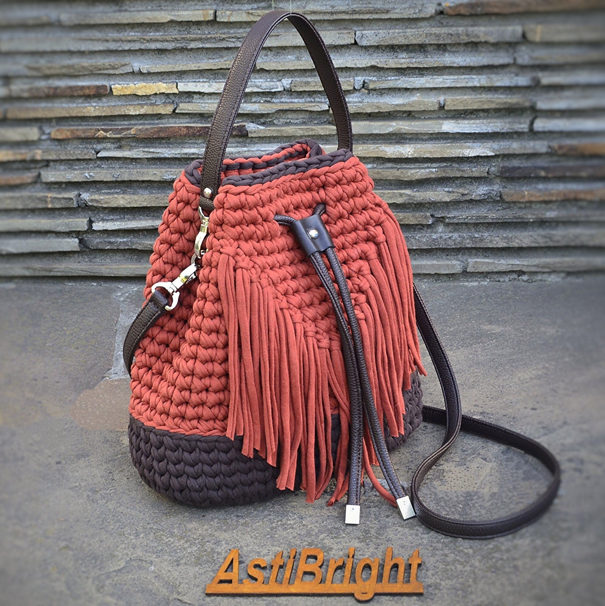 French Tote - with Boho Fringe, Braided Handle Chocolate