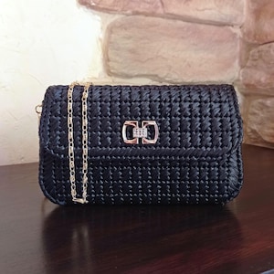 Black raffia clutch with chain, Small evening bag for women, Mini straw bag crossbody