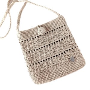 Petit sac à bandoulière bohème, sac en coton au crochet beige, sac à bandoulière en tricot fait main pour femme