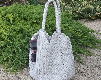 Rope tote bag, Crochet boho bag, Knit beach bag, Summer shoulder bag for women