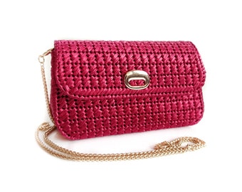 Mini raffia tas handgemaakt, kleine crossbody strozak, rode formele clutch tas