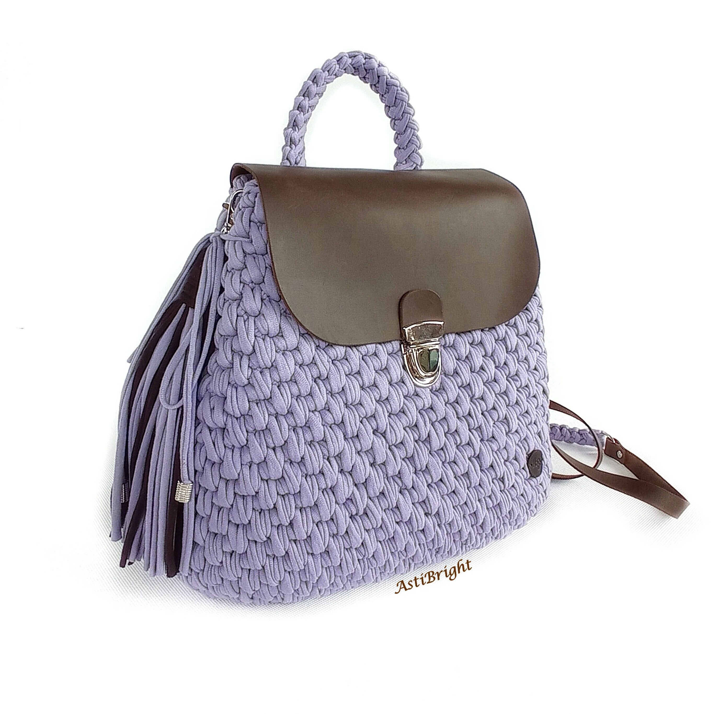 Handmade Backpack Purse: Crochet Lilac Cotton Handbag With  display picture 2