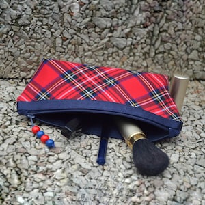 Plaid makeup bag, Red zipper pouch, Small cosmetic bag for purse, Pencil case handmade