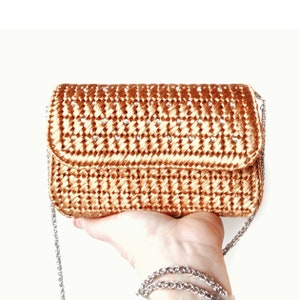 Gold raffia bag, Metallic clutch with chain, Small evening bag, Formal clutch purse zdjęcie 1