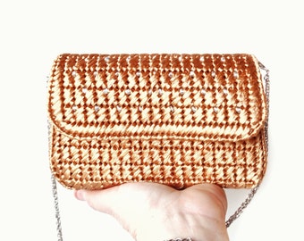 Gold raffia bag, Metallic clutch with chain, Small evening bag, Formal clutch purse