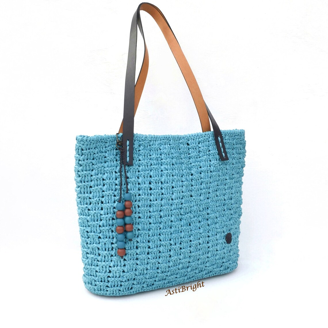 Raffia Tote Bag Straw Bag With Leather Handles Handmade Etsy