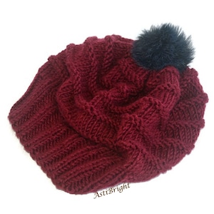 Hand Knit Slouchy Beret with Pom Pom: Oversized Wool Blend Hat